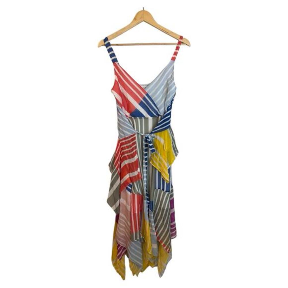 Tanya Taylor Goldie Stripe Maxi Dress Size 2 100% Silk Handkerchief Hem MSRP$575
